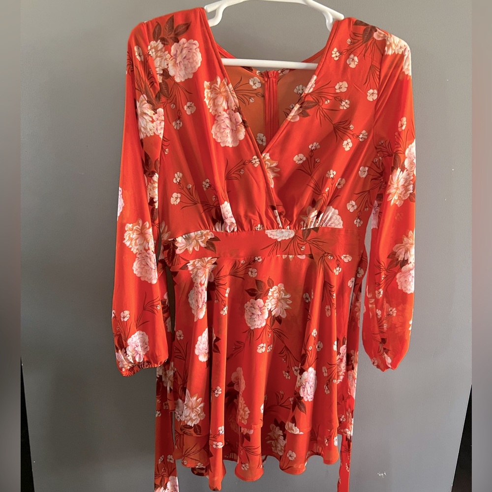 Orange Long Sleeve Floral Dress